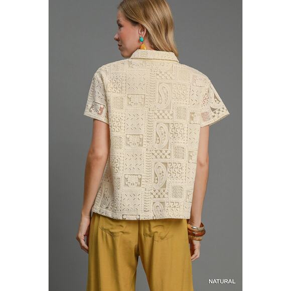 Umgee Lace Patches Detail Short Sleeves Button Down Relaxed Fit Shirt | Natural - Picture 3 of 7
